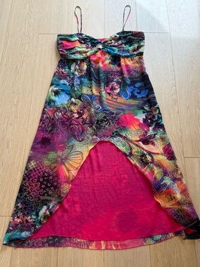 Mario Serrani Multicolor High-Low Dress Abstract Floral Strappy Size 14 Vintage